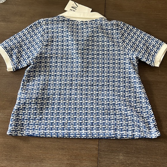 Zara Blue and White Jacquard Geo Tennis Prep Retro Polo Top Size Small NWT - Picture 5 of 9